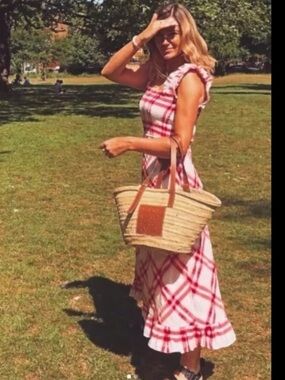 Ganni XS red pink  and White Seersucker Check Midi Dress